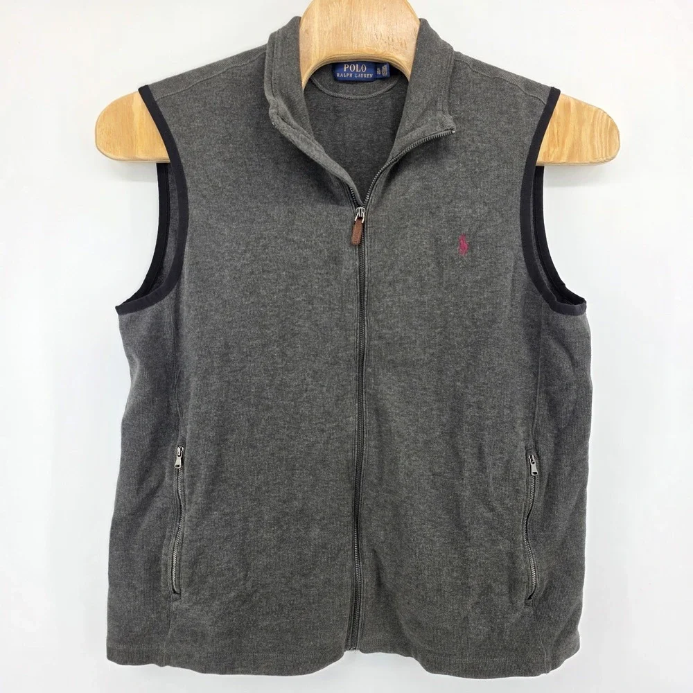 Polo Ralph Lauren Vest Mens XL Gray Full Zip Cotton Sleeveless Layering Sweater